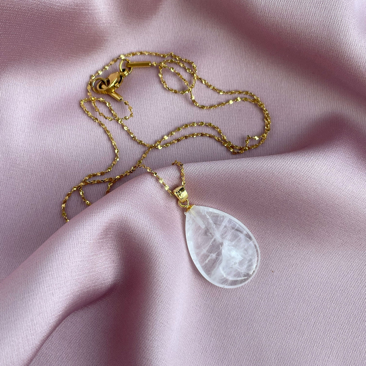 Natural Clear Quartz Drop Pendant Necklace | Gold & Silver
