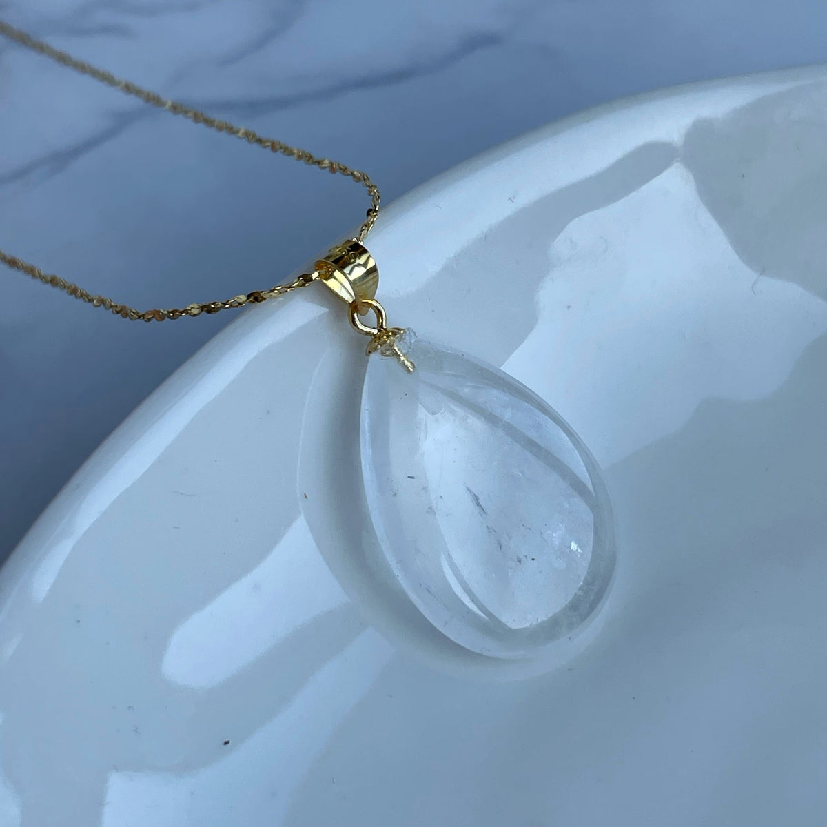 Natural Clear Quartz Drop Pendant Necklace | Gold & Silver