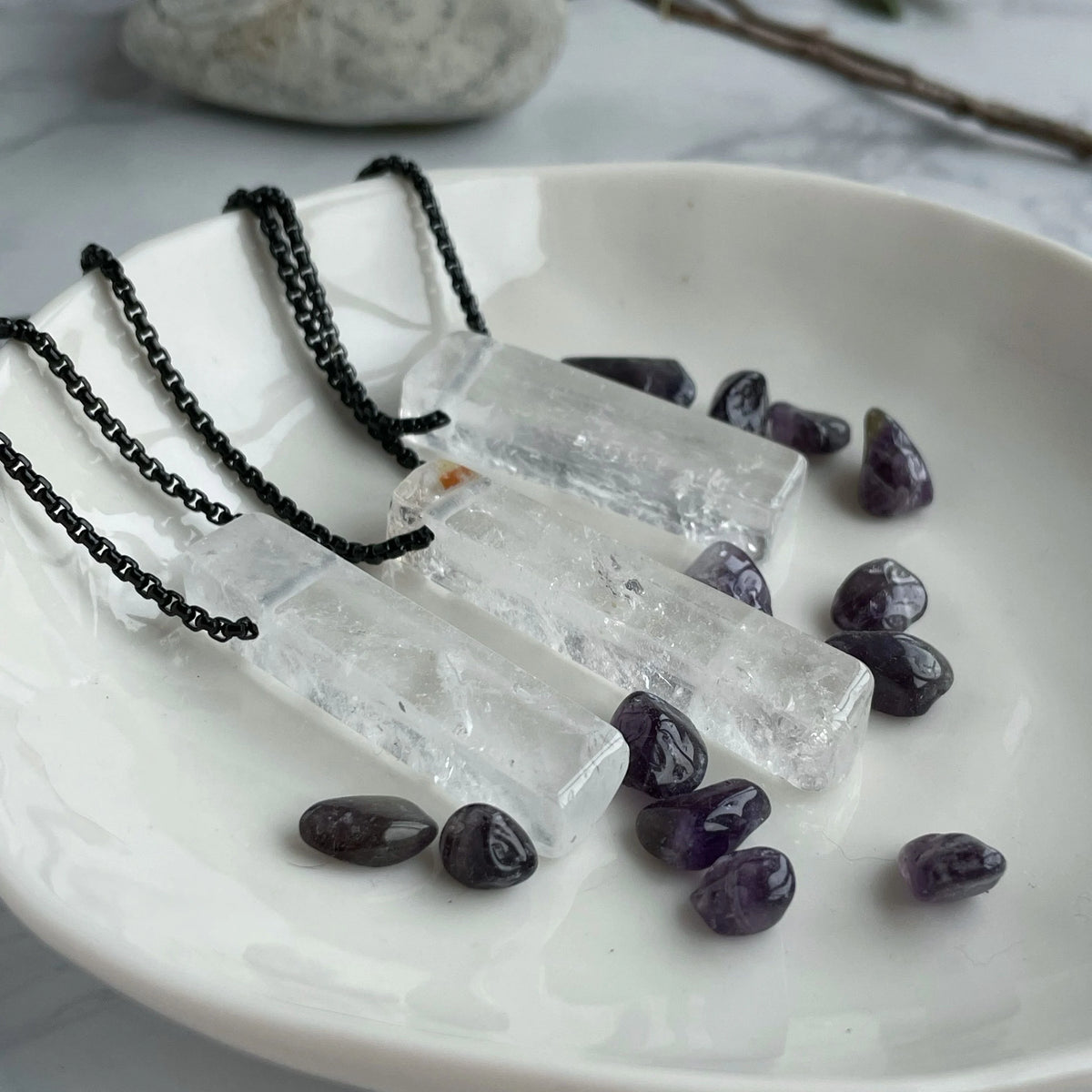 Natural Gemstone Bar pendant on black steel chain for men