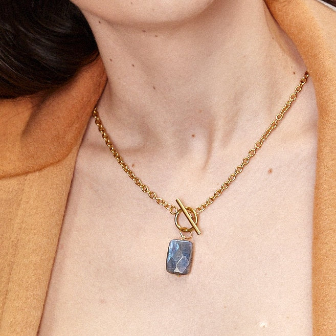 Labradorite pendant necklace, gold plated stainless steel chain