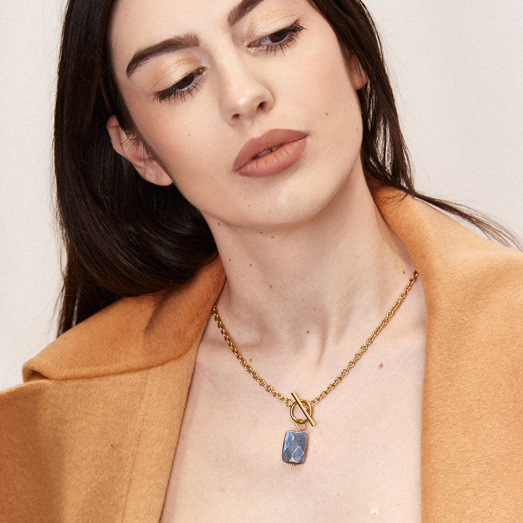 Labradorite pendant necklace, gold plated stainless steel chain