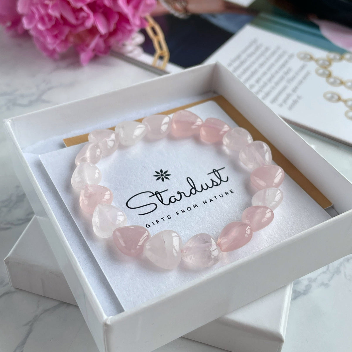 Tiny Rose Quartz hearts bracelet for women