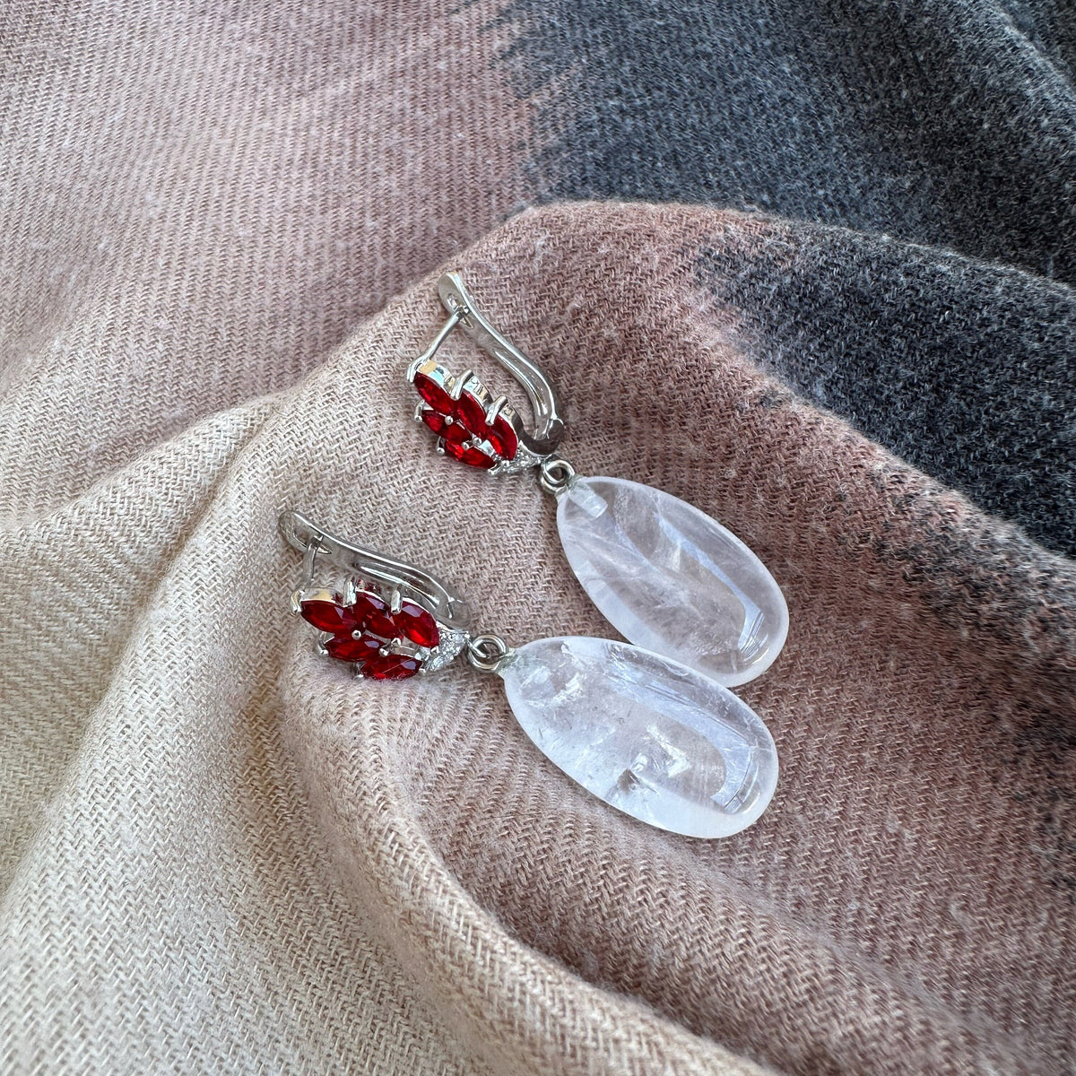 Natural Clear Quartz Drop Earrings with Red Zircons