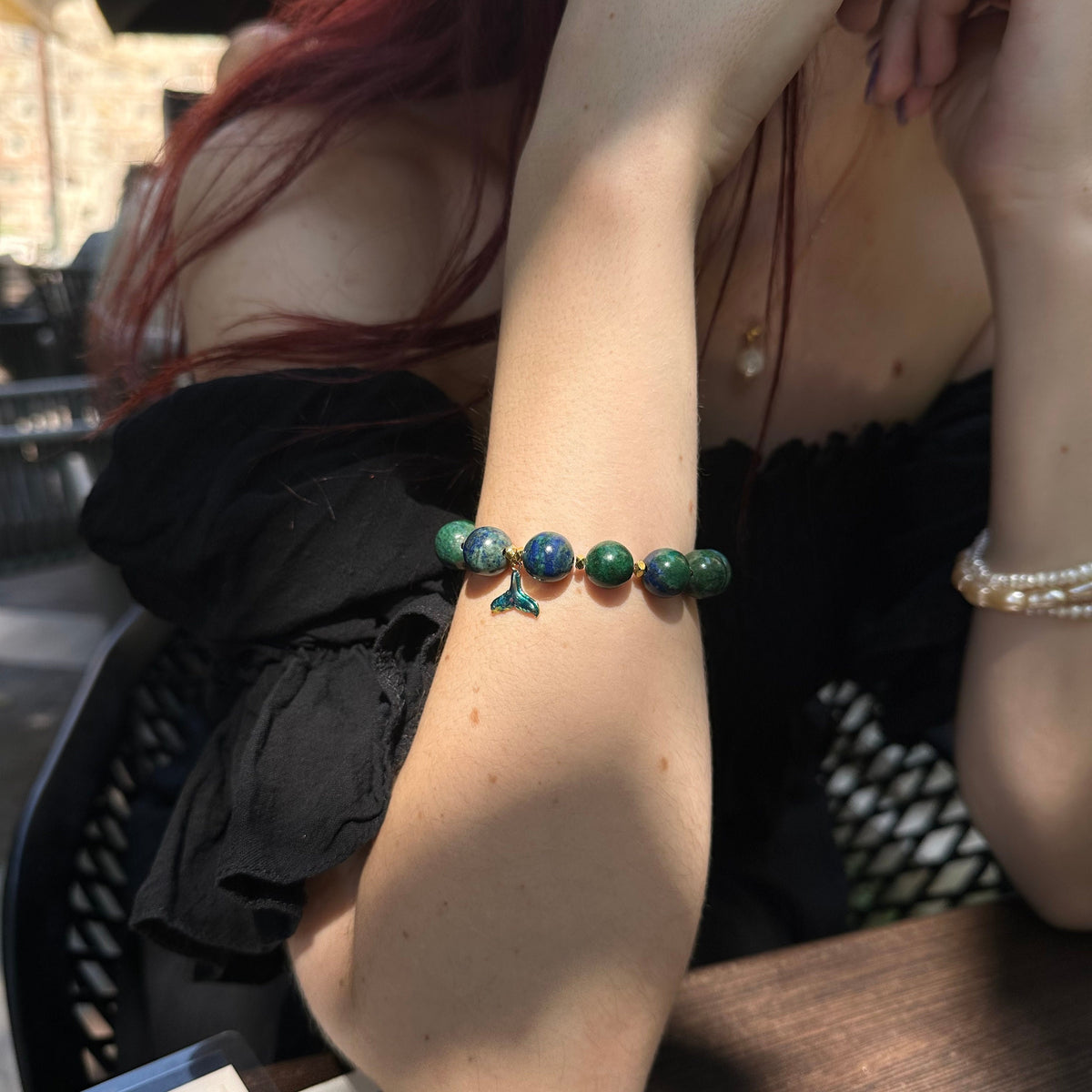 Azurite bracelet with mermaid tail charm for women