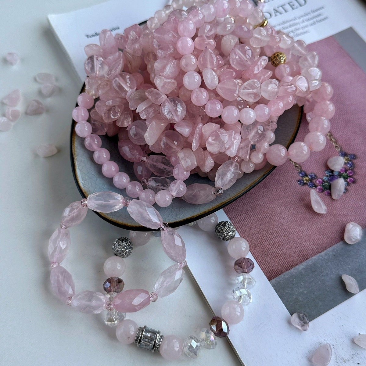 Tiny Rose Quartz hearts bracelet for women