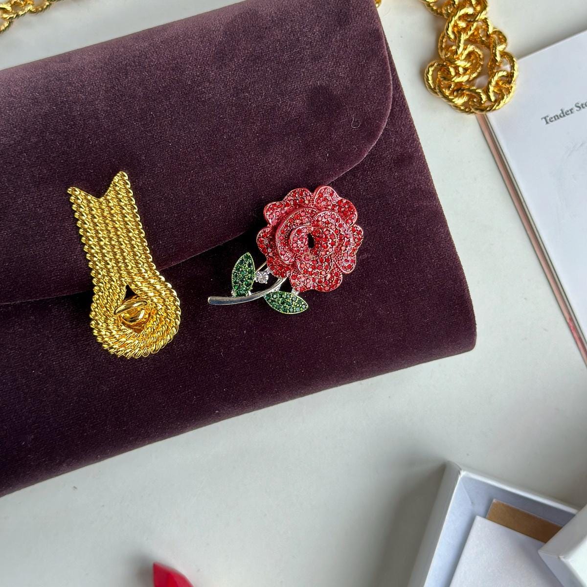 Red Rose Brooch, red zircon brooch