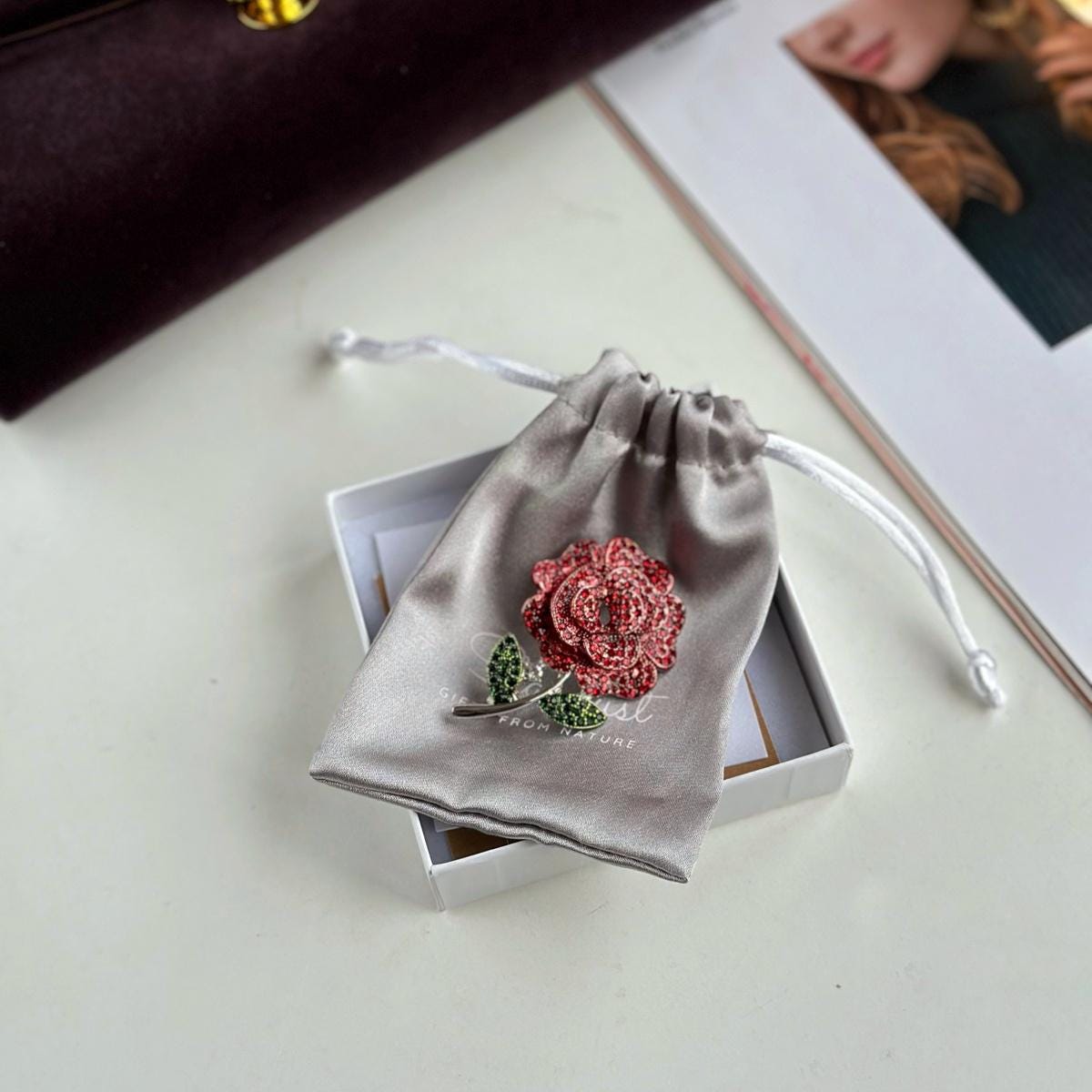 Red Rose Brooch, red zircon brooch