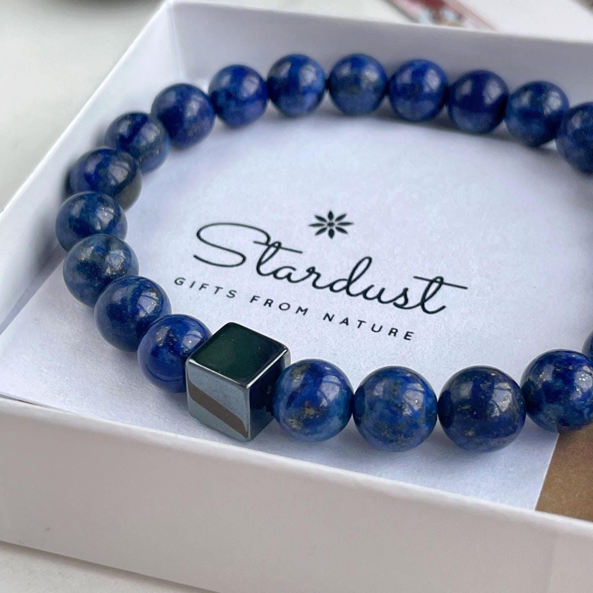 Lapis Lazuli mens bracelet with silver cube