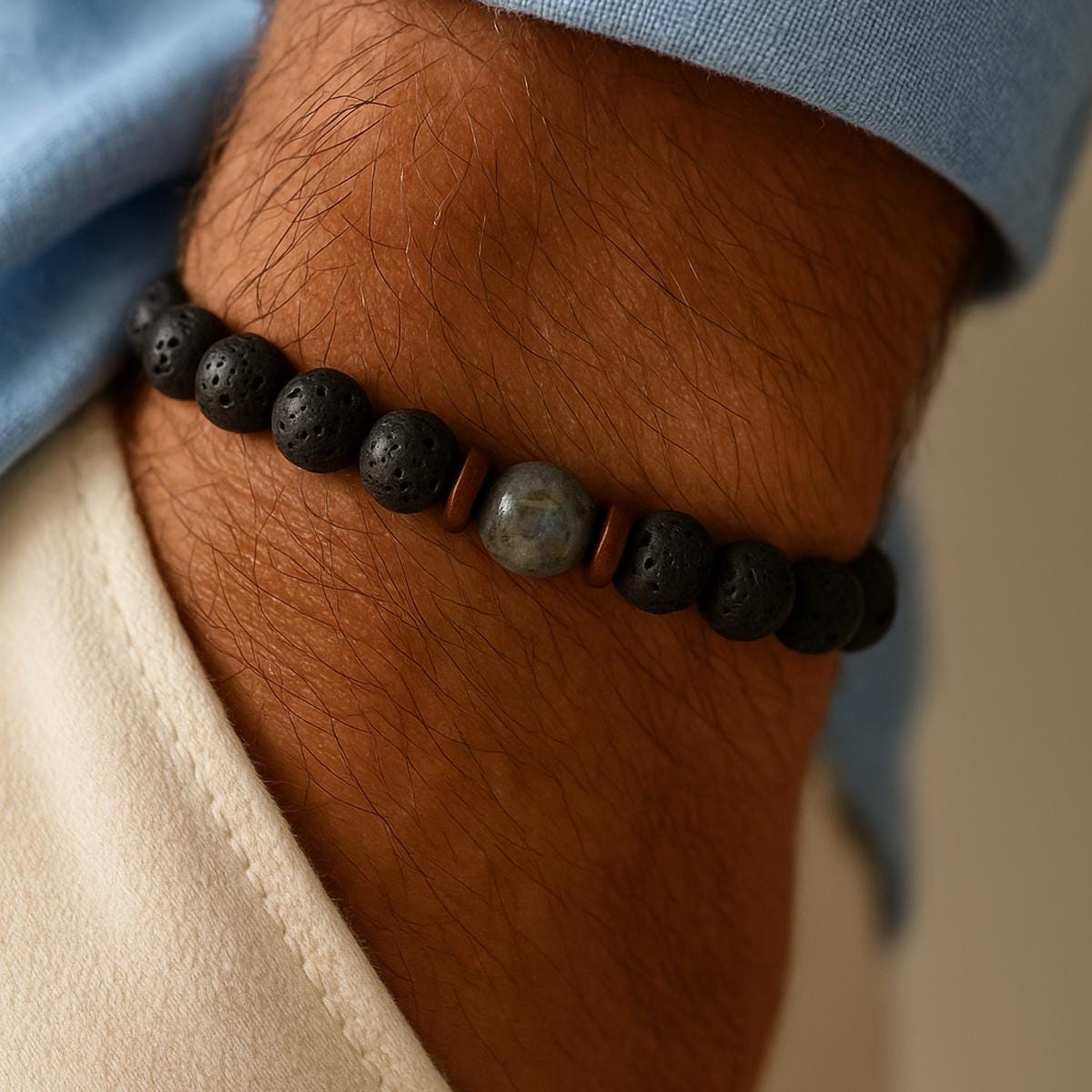 Black lava stone mens bracelet