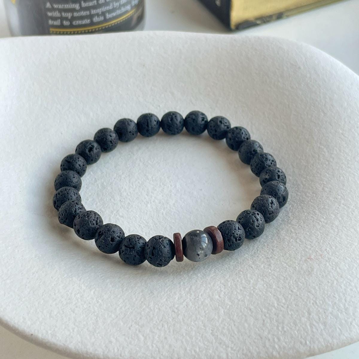 Black lava stone mens bracelet