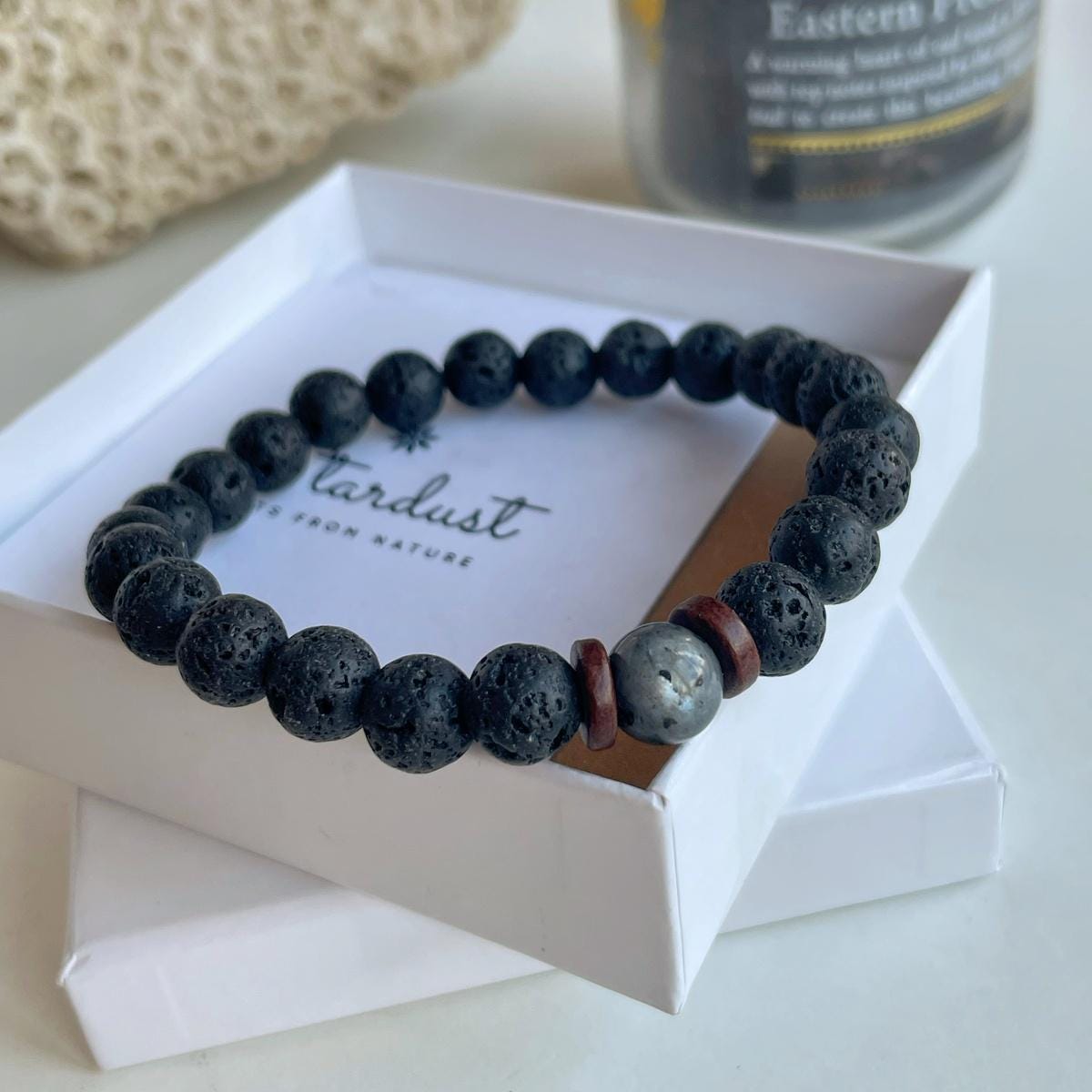 Black lava stone mens bracelet