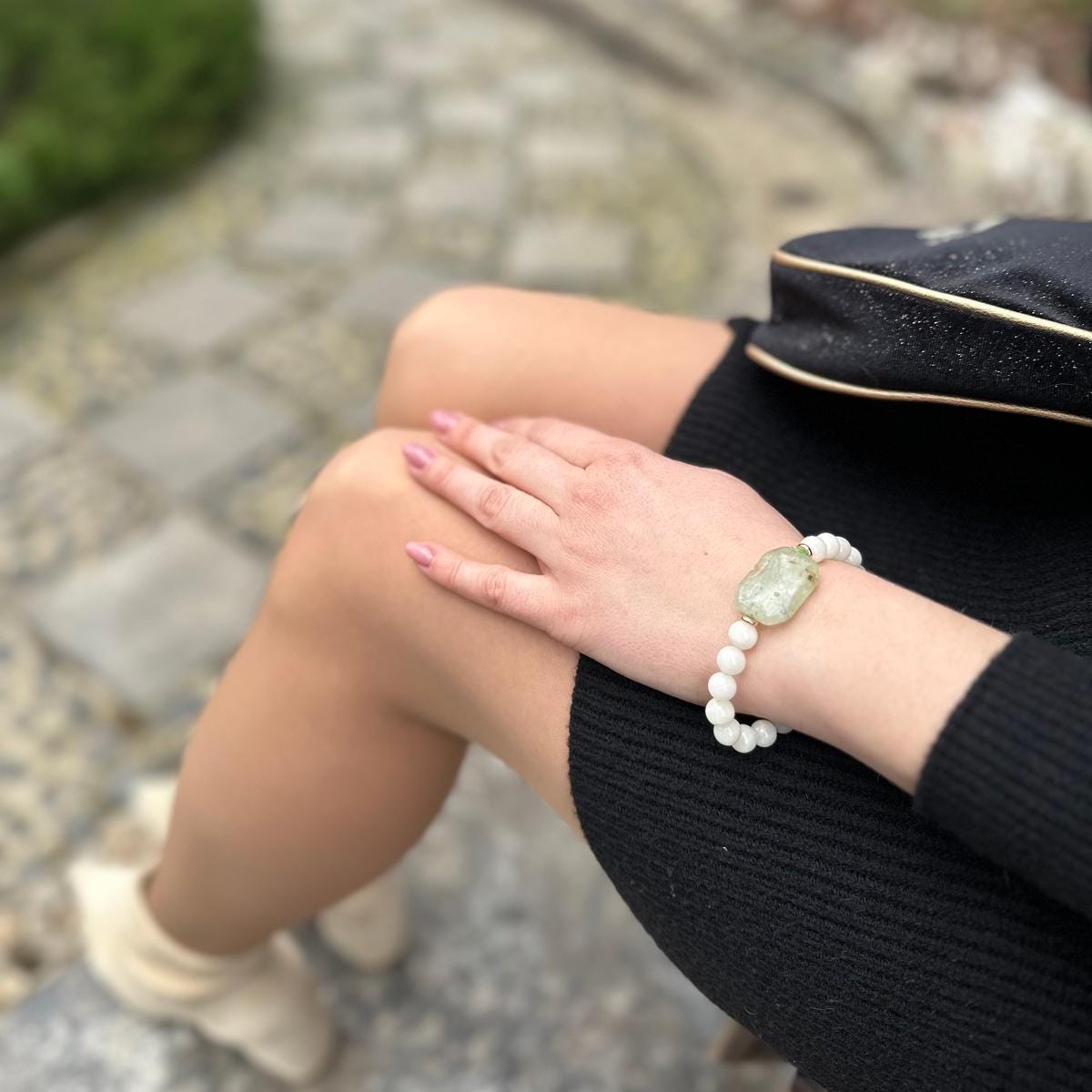 Boho Chic Prehnite bracelet with beige jade