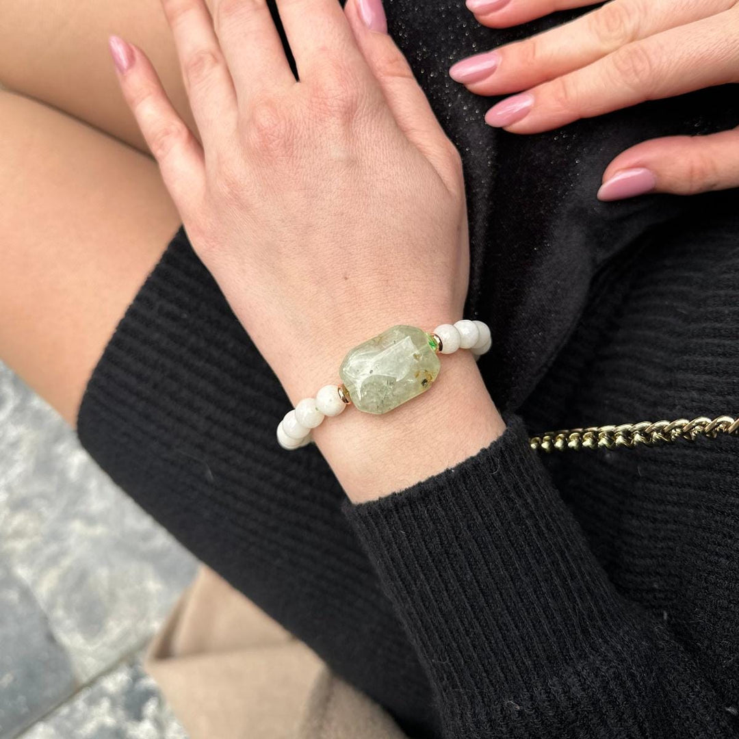 Boho Chic Prehnite bracelet with beige jade