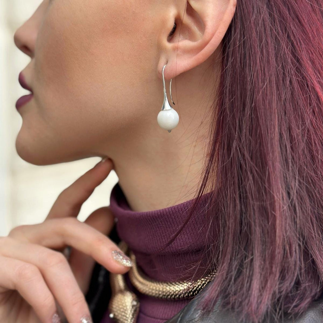 White Agate Round Earrings