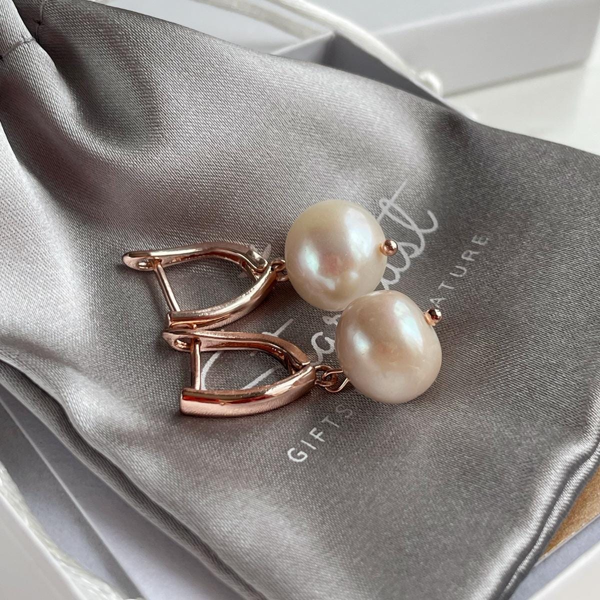 Natural creamy Akoya Pearl Earrings 10mm rose gold