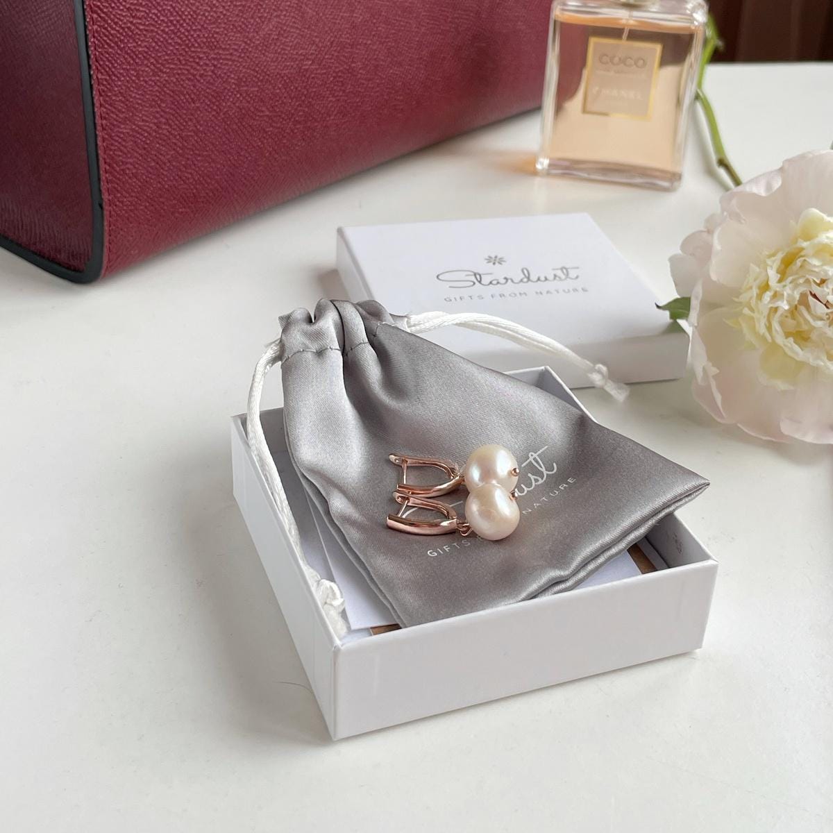 Natural creamy Akoya Pearl Earrings 10mm rose gold