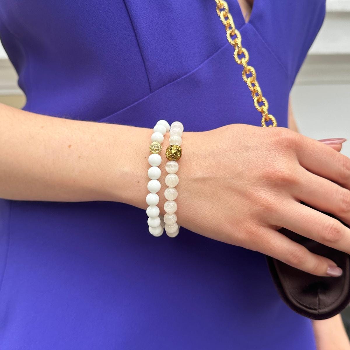 Moonstone and white agate bracelet set with gold lion charm