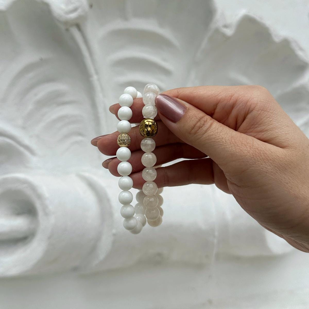 Moonstone and white agate bracelet set with gold lion charm