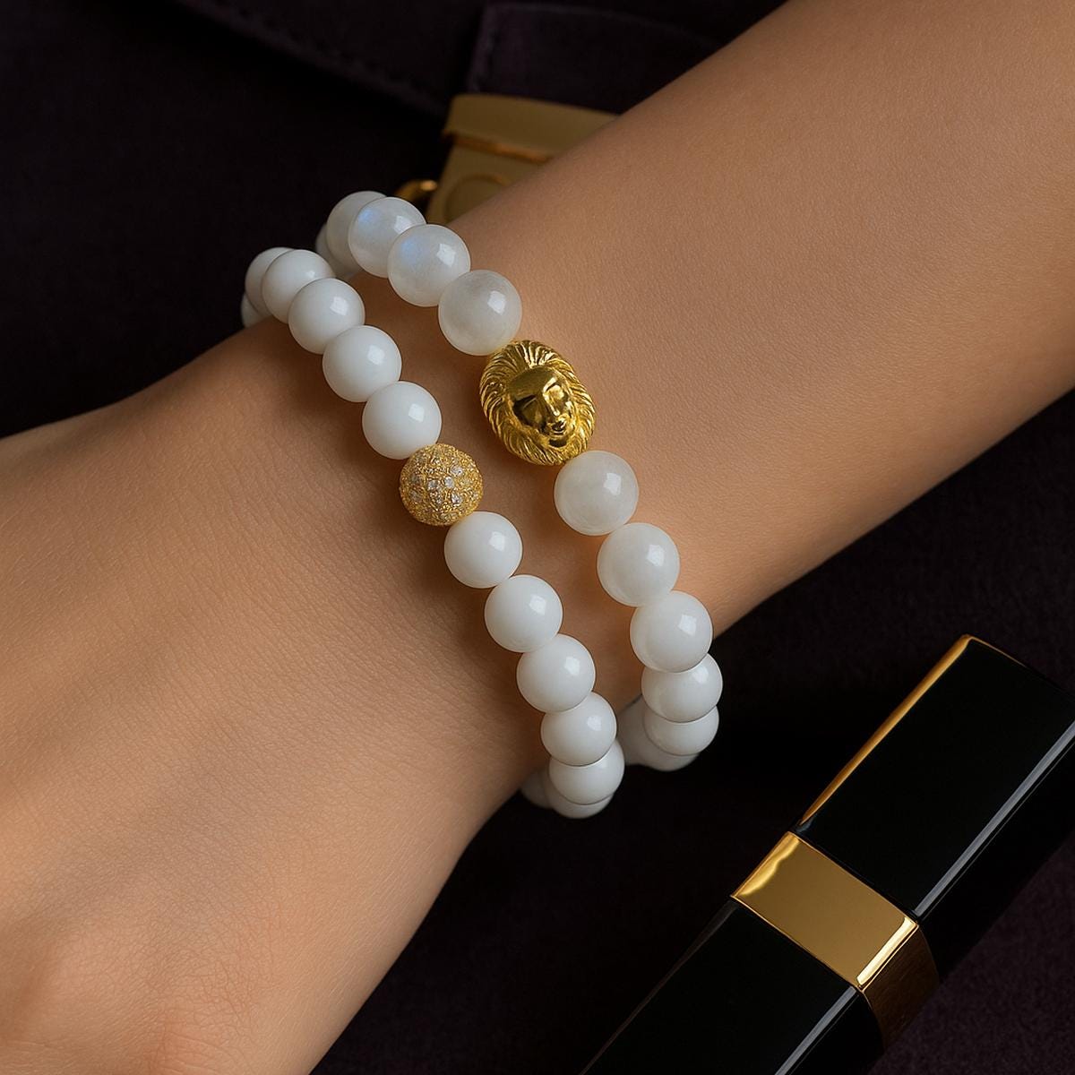 Moonstone and white agate bracelet set with gold lion charm