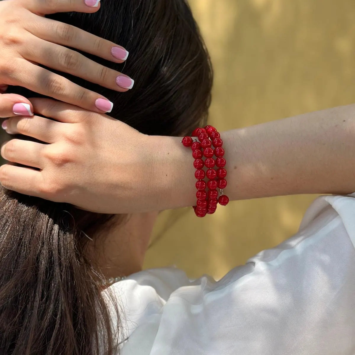 Vibrant Red Majorica Pearl Triple Wrap Bracelet, Romantic Boho Summer Jewelry