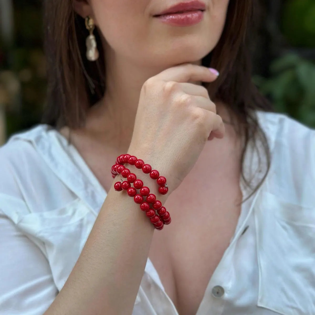Vibrant Red Majorica Pearl Triple Wrap Bracelet, Romantic Boho Summer Jewelry