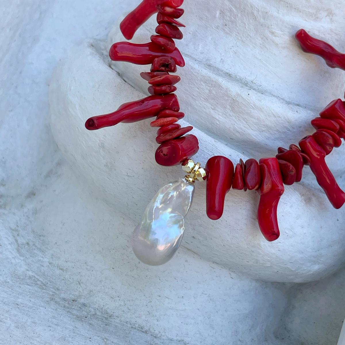 Statement Red Coral & Baroque Pearl Necklac,| Boho Chic Jewelry, Summer Necklace
