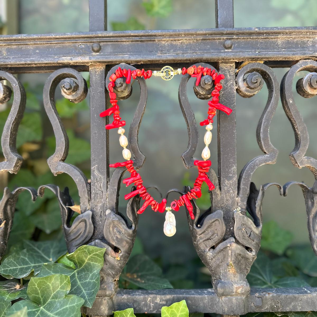 Statement Red Coral & Baroque Pearl Necklac,| Boho Chic Jewelry, Summer Necklace