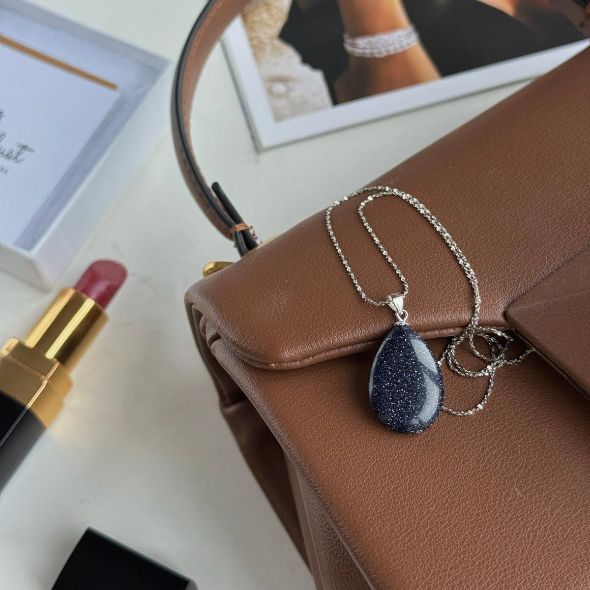 Blue Goldstone Drop Pendant 1.5x2.5cm