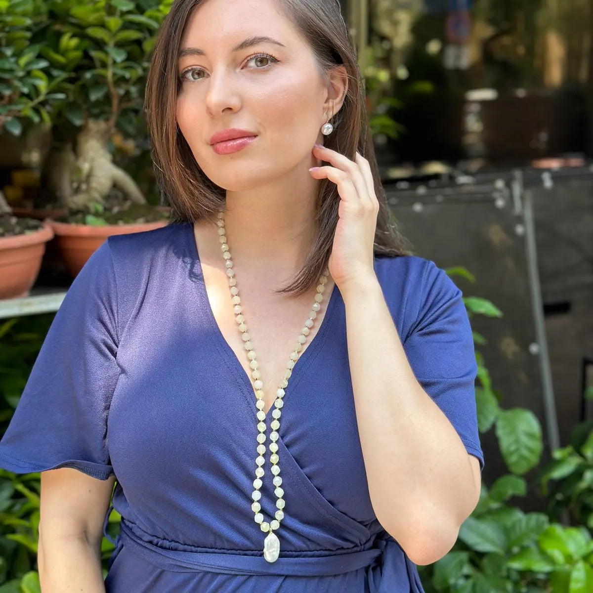 Long Yellow Agate Necklace with Baroque Pearl