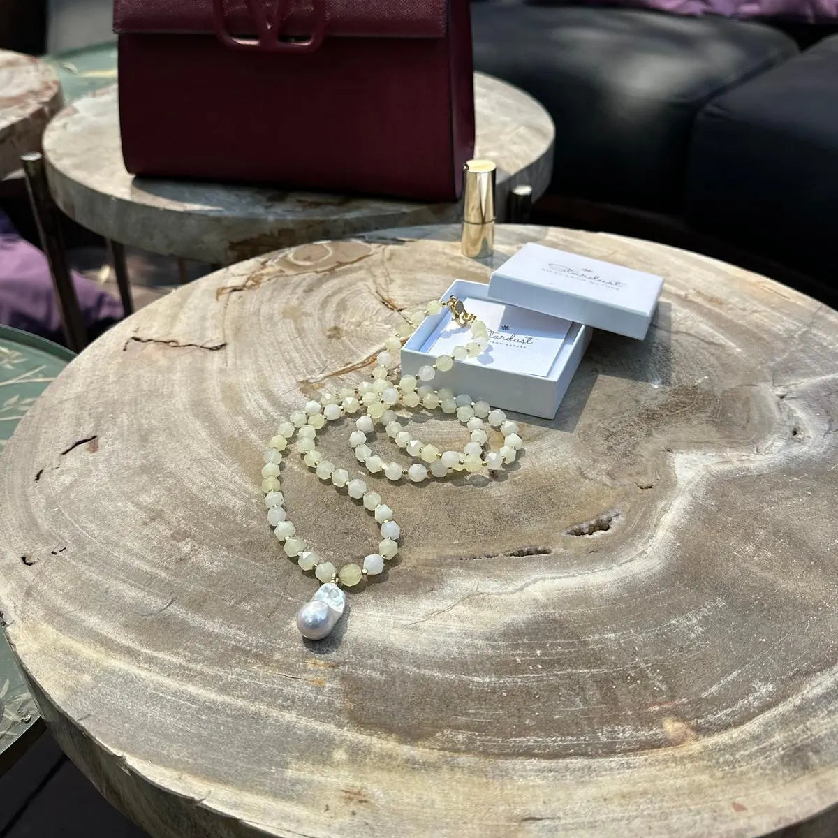 Long Yellow Agate Necklace with Baroque Pearl