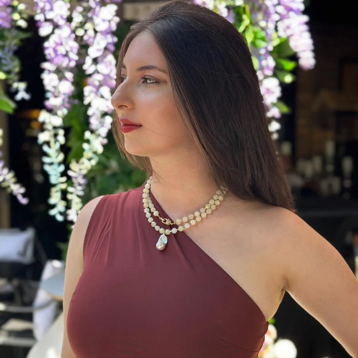 Long Yellow Agate Necklace with Baroque Pearl