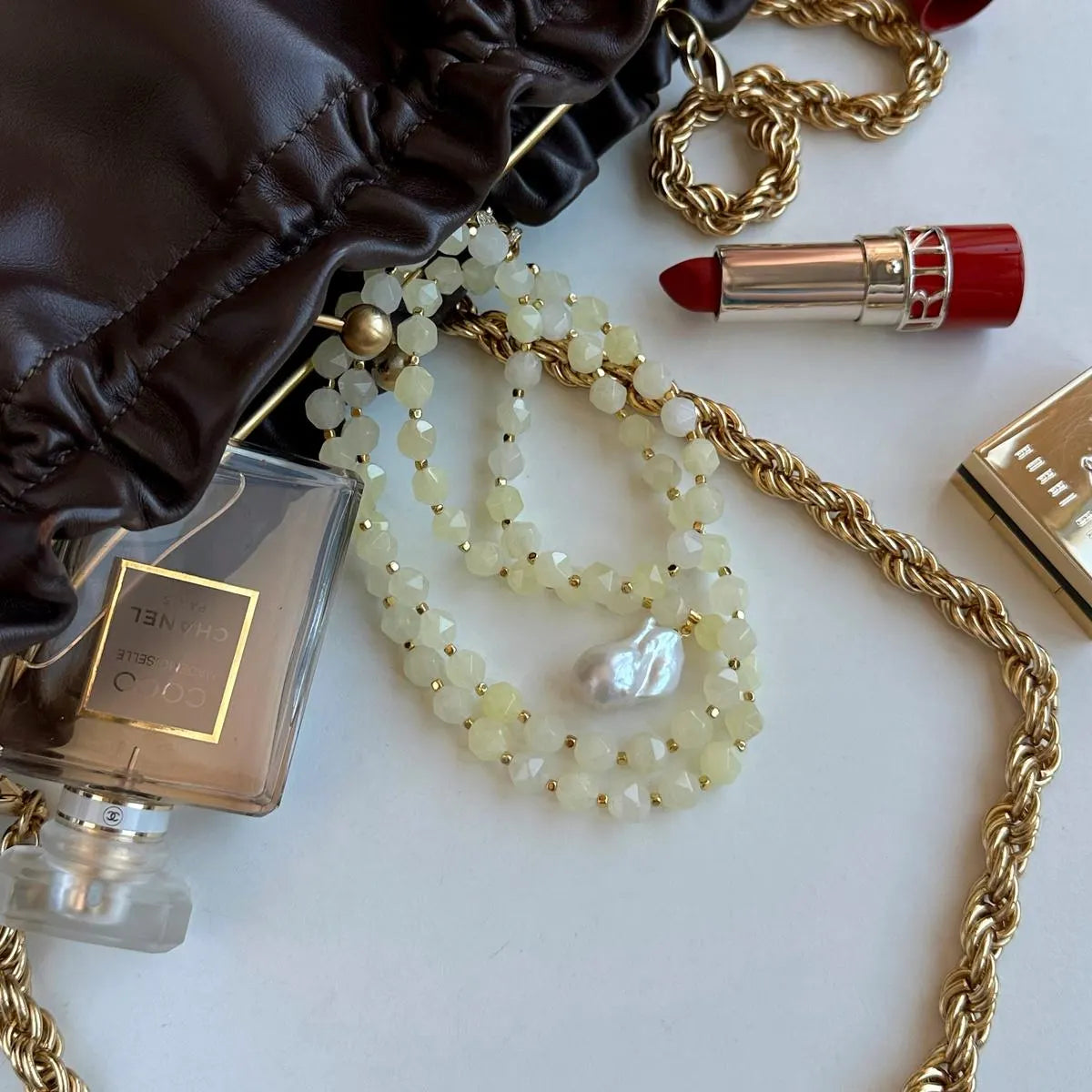 Long Yellow Agate Necklace with Baroque Pearl