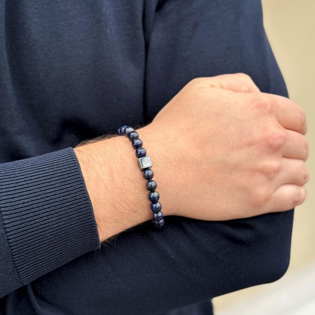 Lapis Lazuli mens bracelet with silver cube