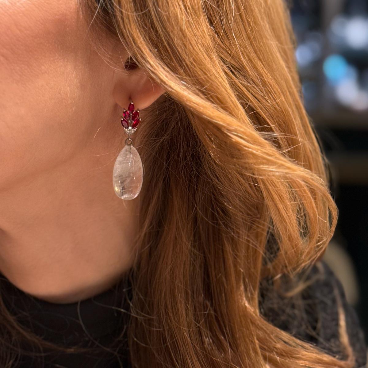 Natural Clear Quartz Drop Earrings with Red Zircons