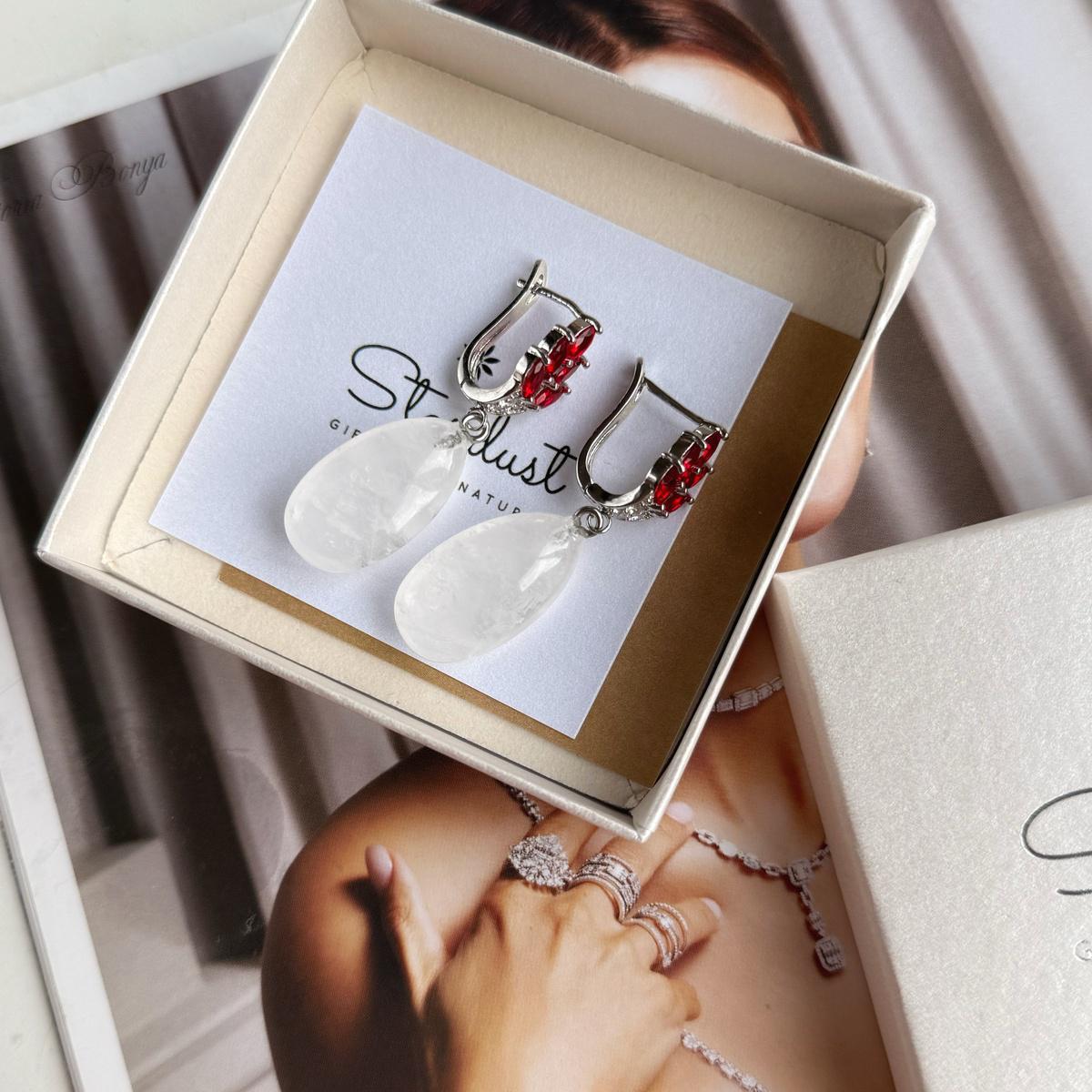 Natural Clear Quartz Drop Earrings with Red Zircons