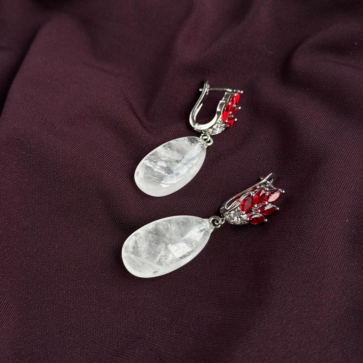 Natural Clear Quartz Drop Earrings with Red Zircons
