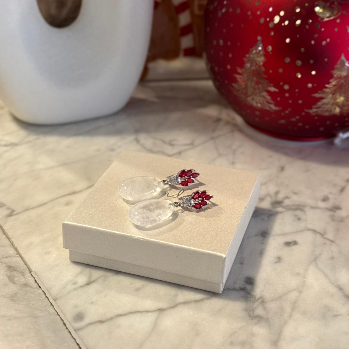 Natural Clear Quartz Drop Earrings with Red Zircons