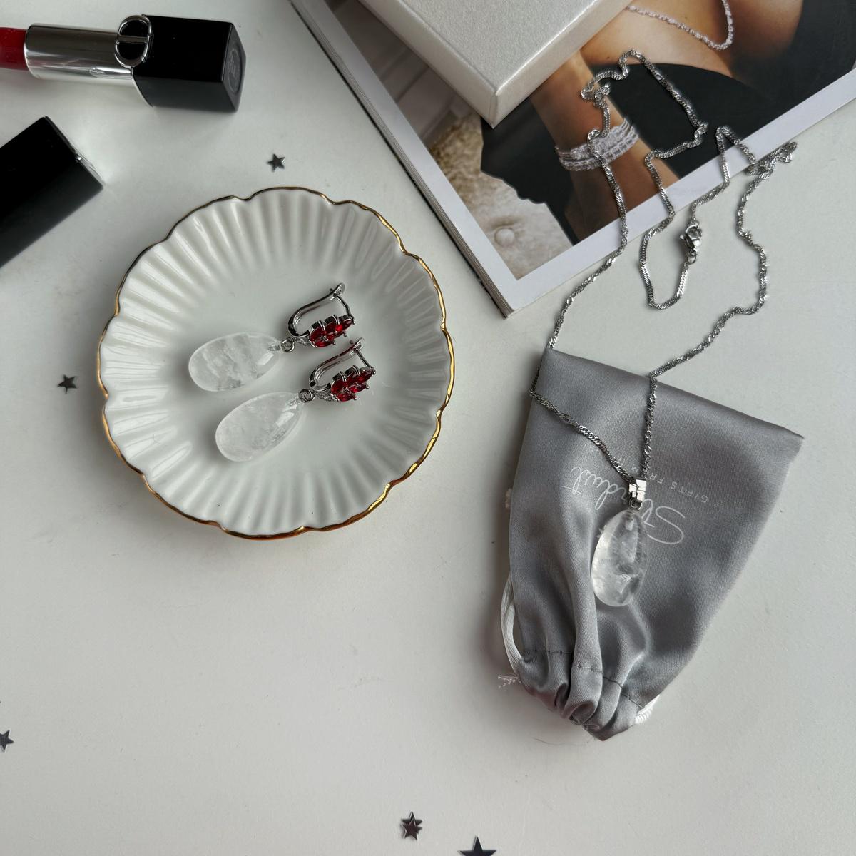 Natural Clear Quartz Drop Necklace | Pendant & Earrings Set