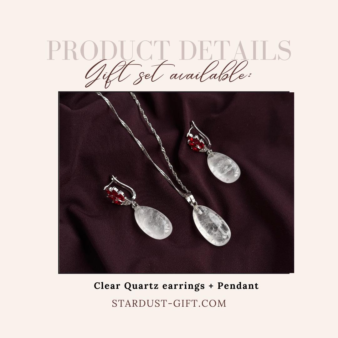 Natural Clear Quartz Drop Necklace | Pendant & Earrings Set