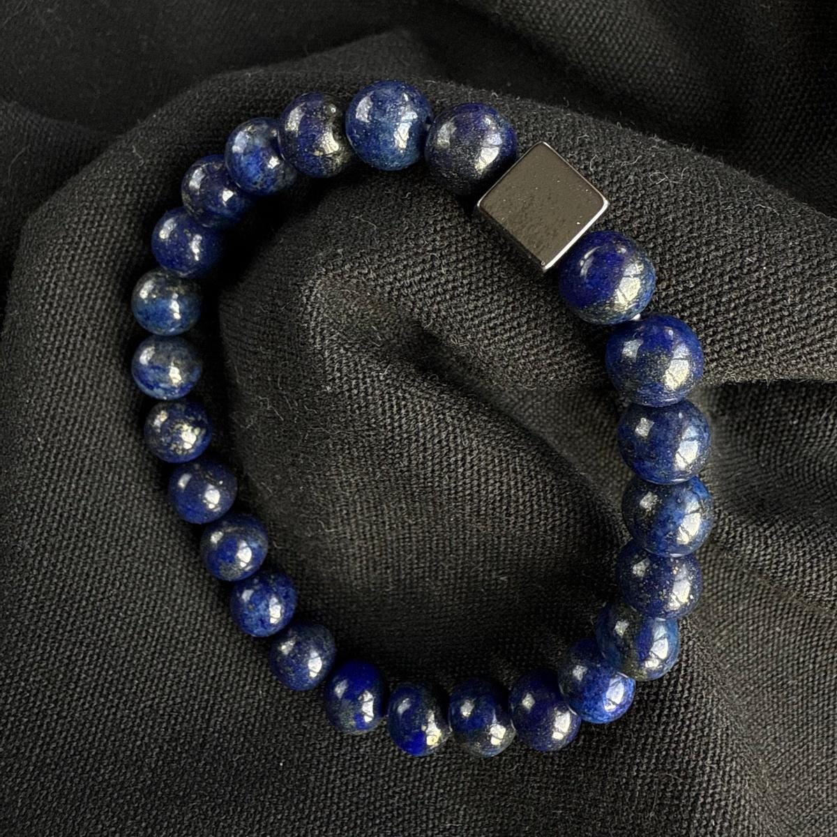 Lapis Lazuli mens bracelet with silver cube