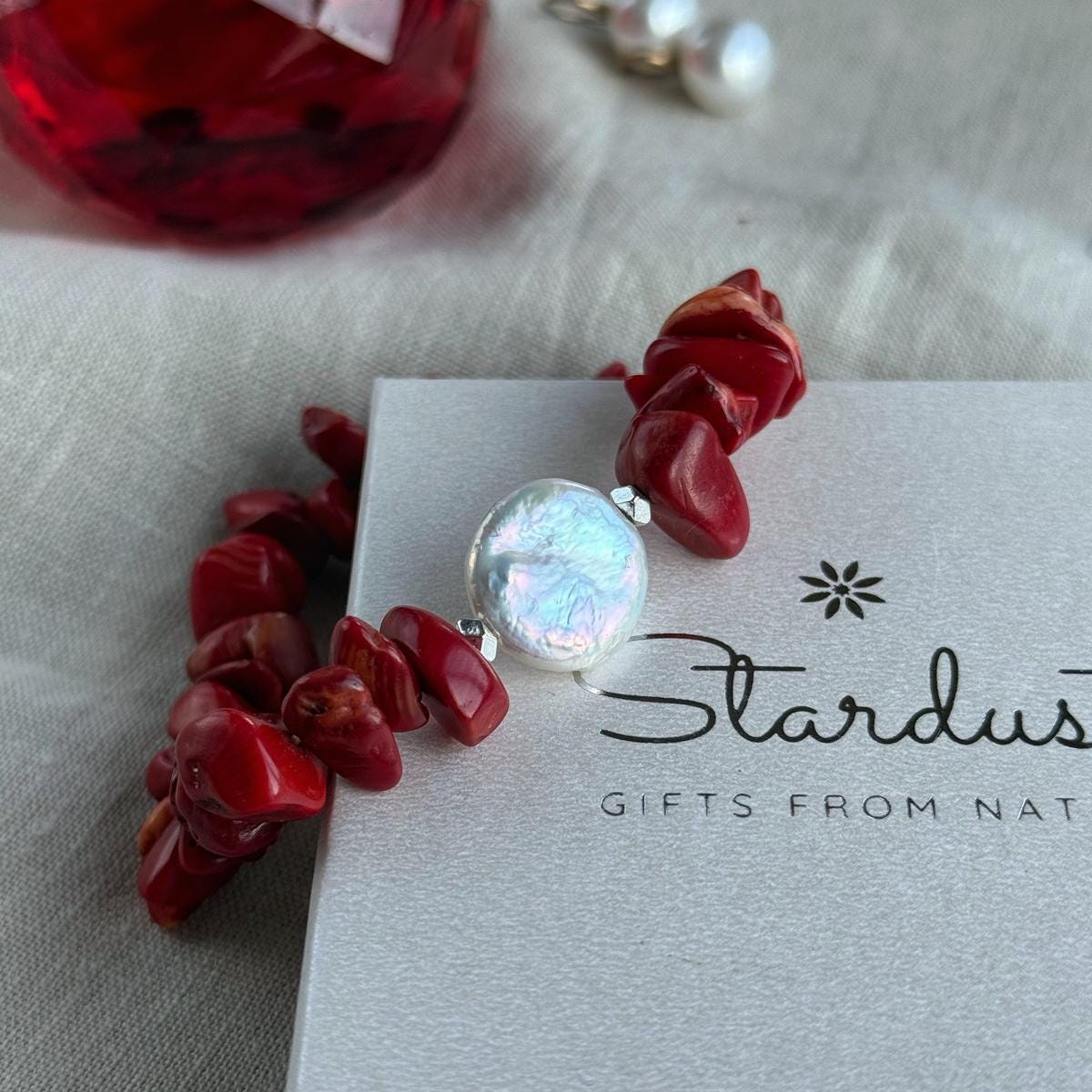 Elegant Red Coral chip bracelet with Baroque Pearl