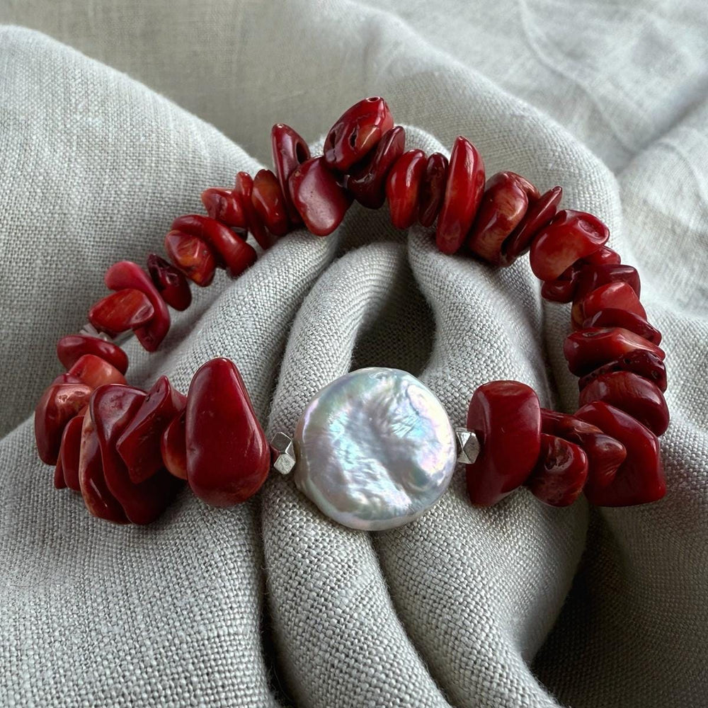 Elegant Red Coral chip bracelet with Baroque Pearl