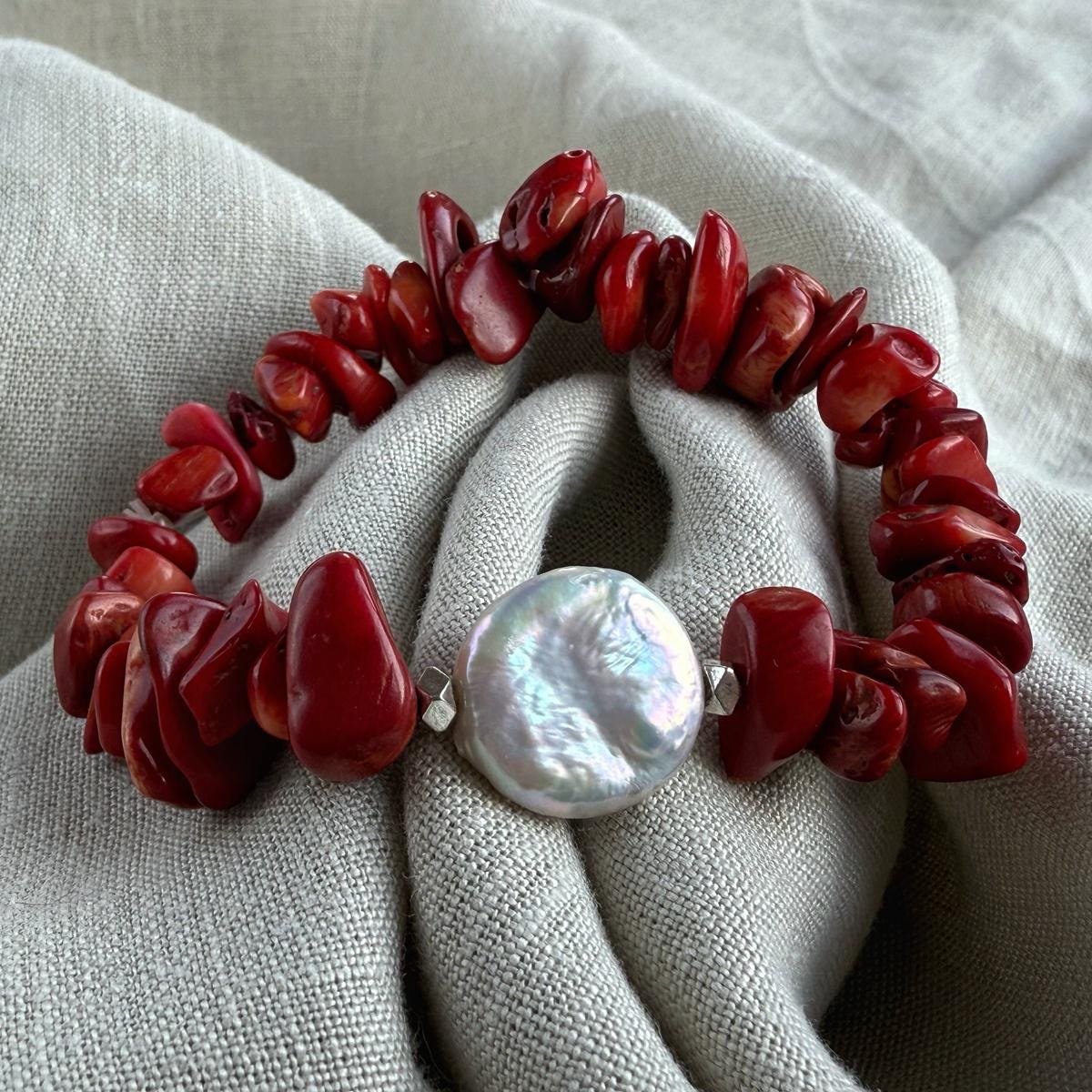 Elegant Red Coral chip bracelet with Baroque Pearl