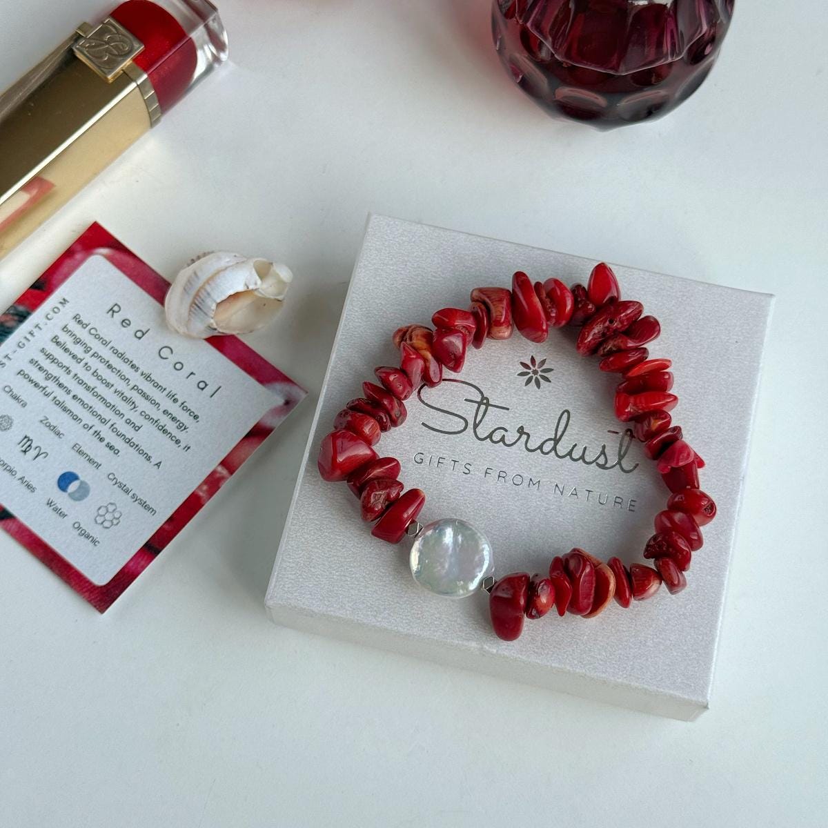 Elegant Red Coral chip bracelet with Baroque Pearl