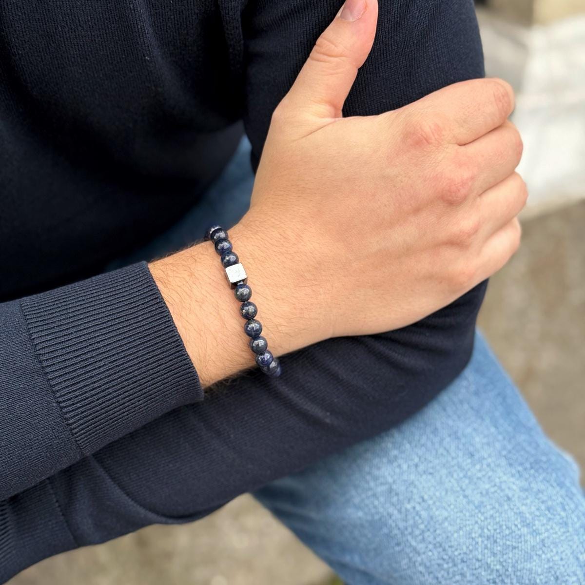 Lapis Lazuli mens bracelet with silver cube