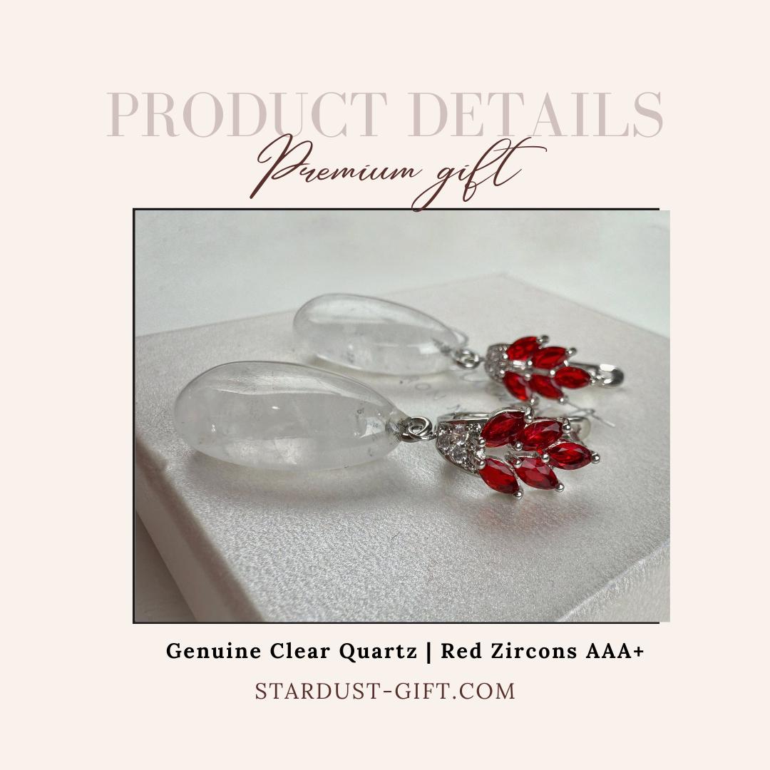 Natural Clear Quartz Drop Earrings with Red Zircons