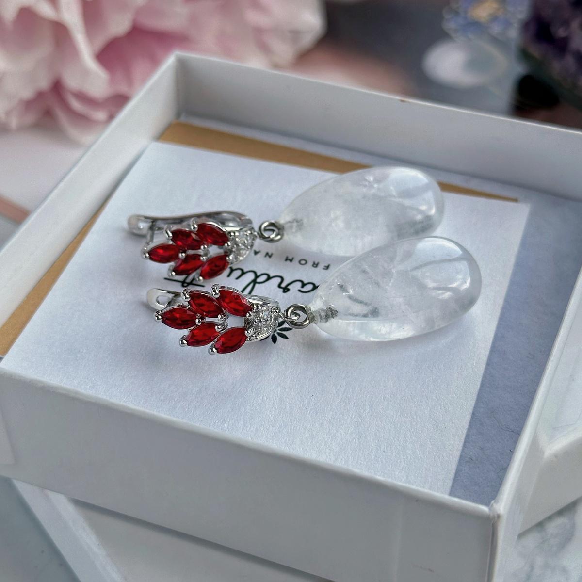 Natural Clear Quartz Drop Earrings with Red Zircons