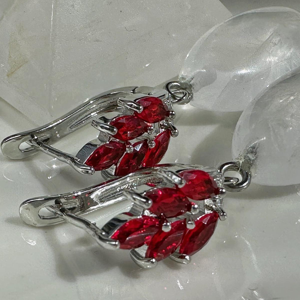 Natural Clear Quartz Drop Earrings with Red Zircons