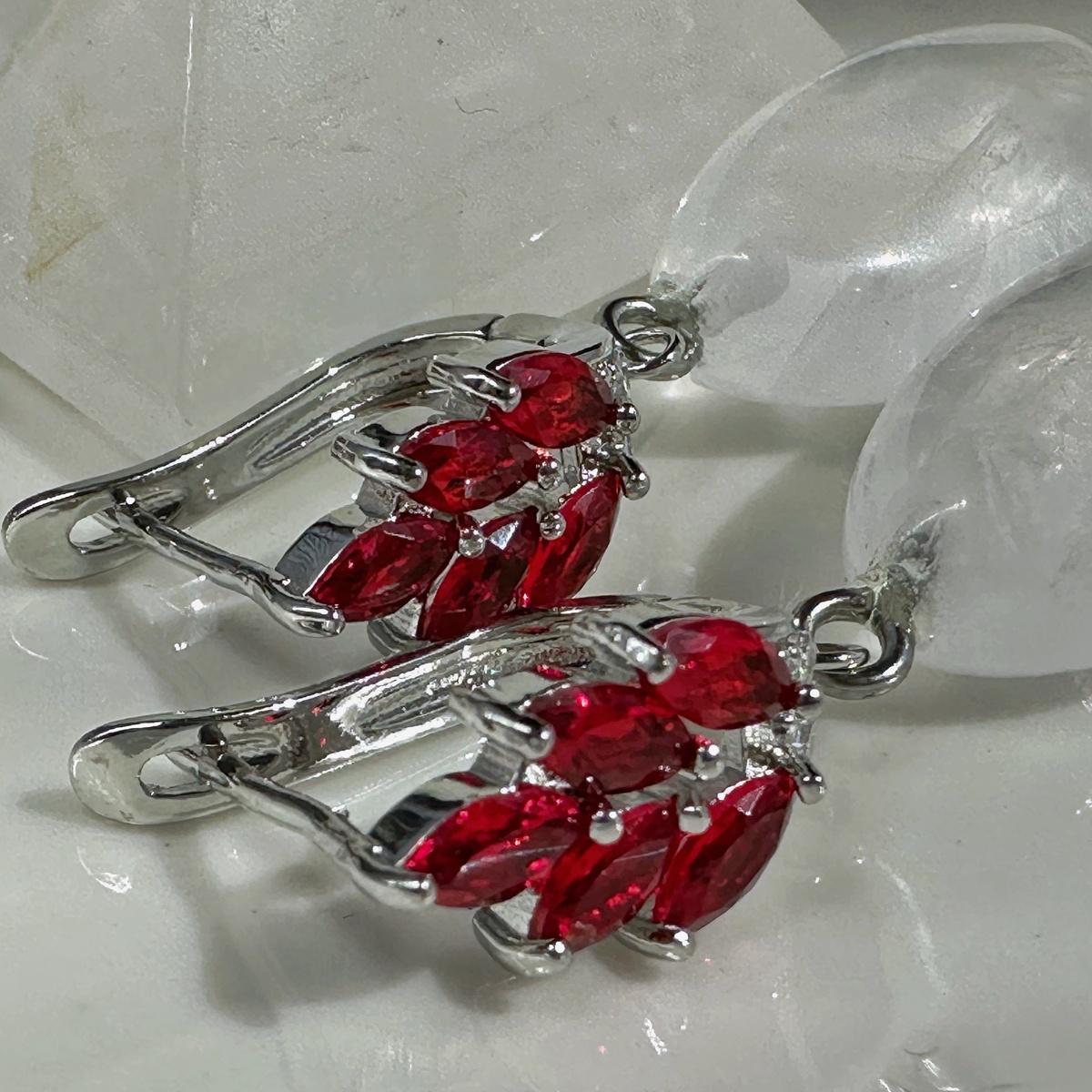Natural Clear Quartz Drop Earrings with Red Zircons