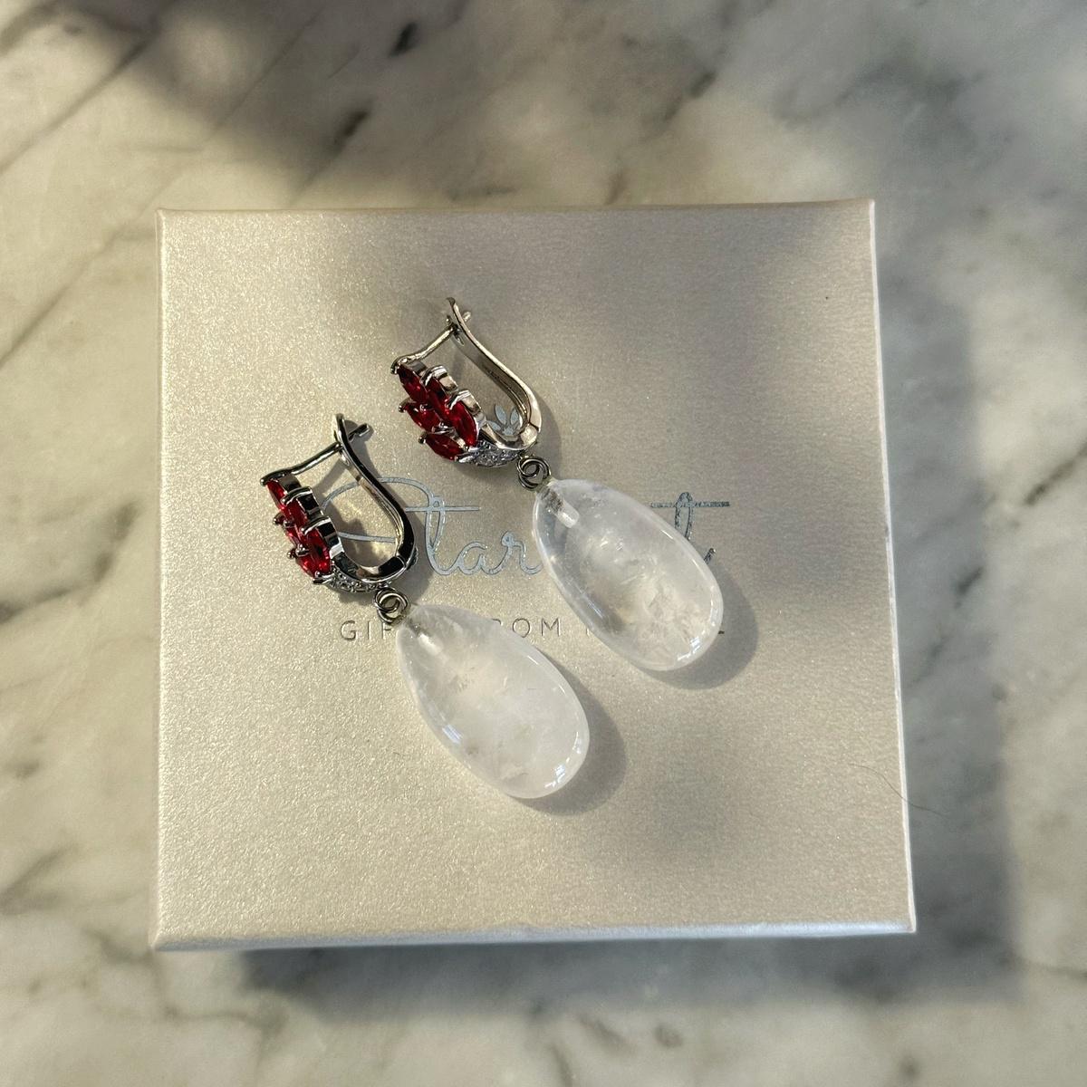 Natural Clear Quartz Drop Earrings with Red Zircons